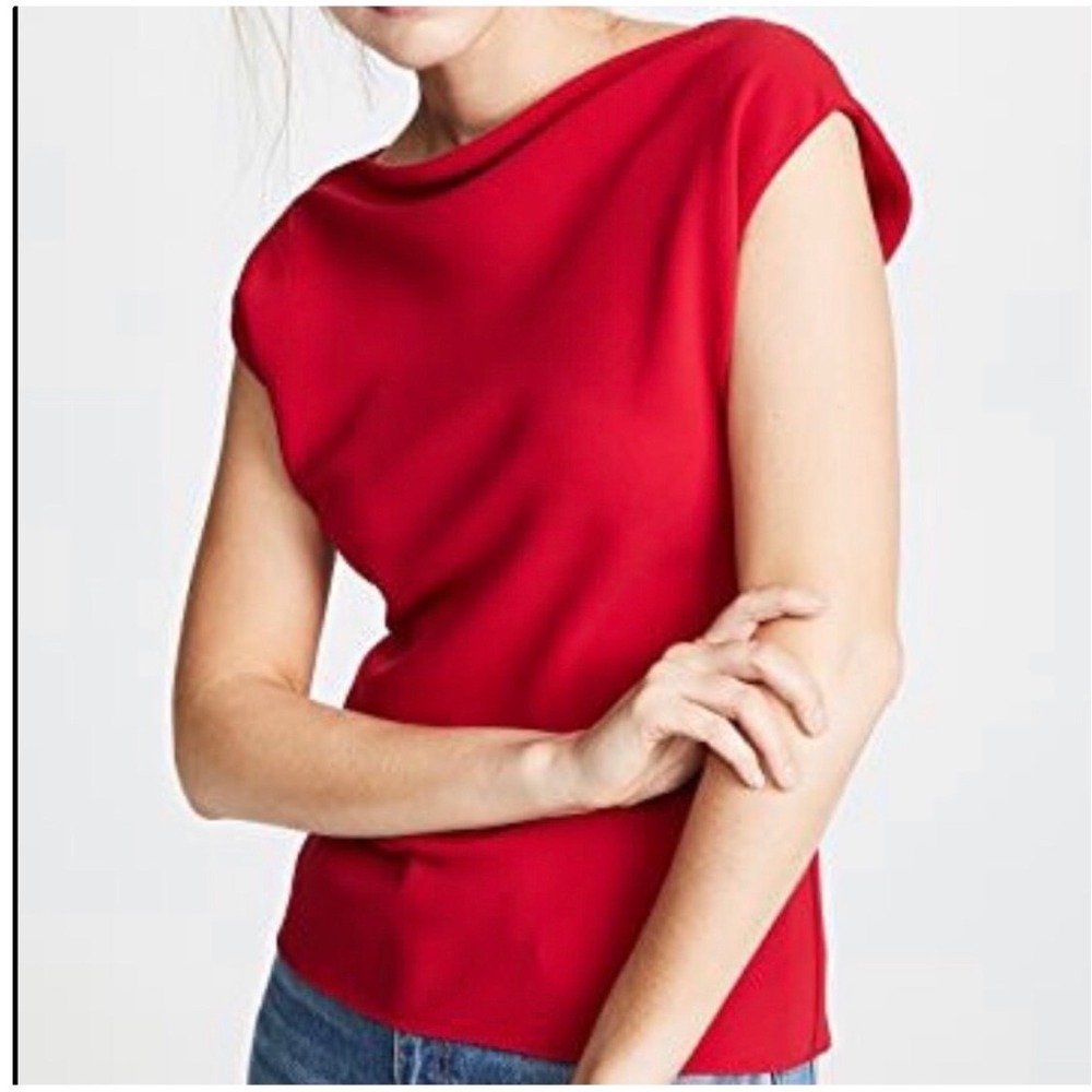 Theory Draped Boatneck Top Classic Crepe Red Cap Sleeve Blouse Size XL
